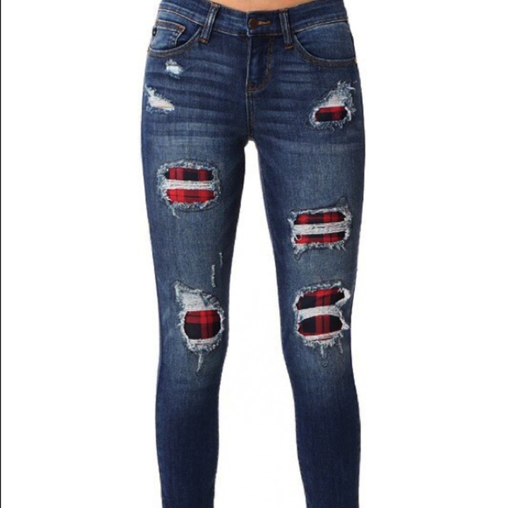 MORE COMING SOON Judy Blue Red plaid patch jeans - Picture 2 of 5